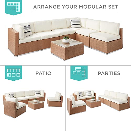 Best Choice Products 7-Piece Modular Outdoor Sectional Wicker Patio Conversation Set w/ 2 Pillows, Coffee Table, Cover Included - Gray/Navy