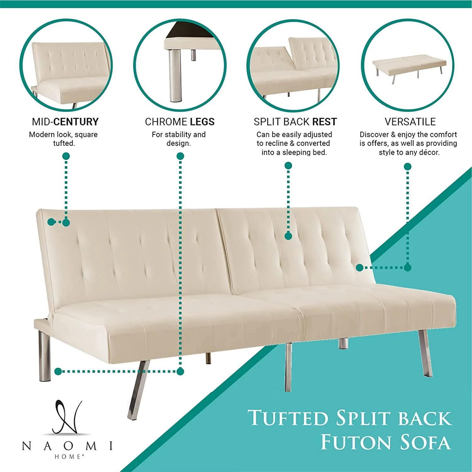Tufted Split Back Futon Sofa Bed, Couch Bed, Futon Convertible Sofa Bed with Metal Legs by Naomi Home-Color:White,Style:Faux Leather