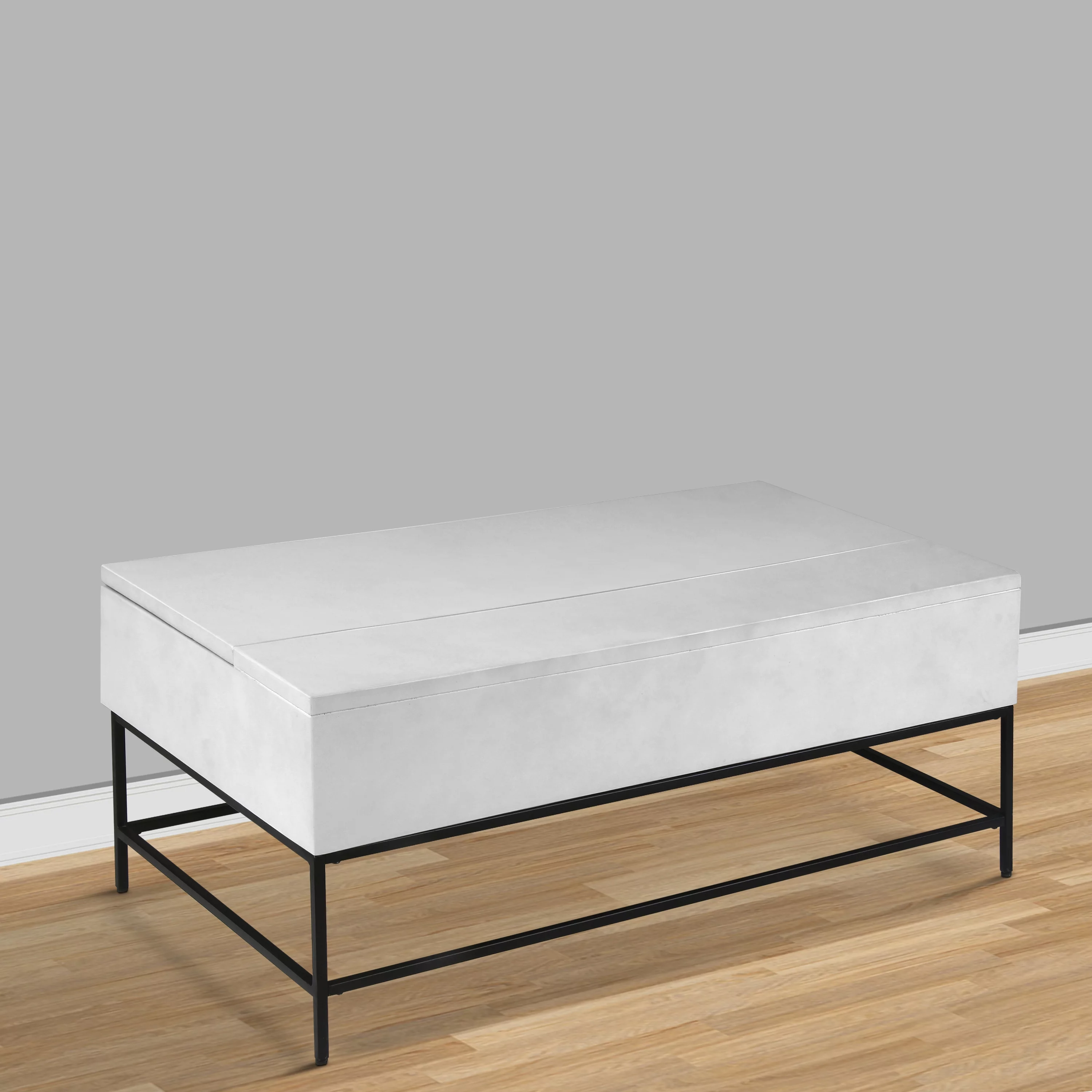45 Inch Rectangular Mango Wood Coffee Table, Lift Top Storage, Iron Frame, White, Black