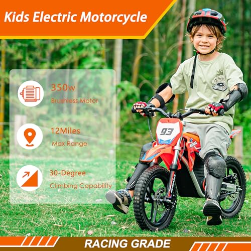 OLALA 36V Electric Dirt Bike for Kids Aged 4-8, Brushless 350W Racing Grade Electric Motorcycle, Up to 18.6MPH & 3 Speed Settings, Dual Disc Brakes
