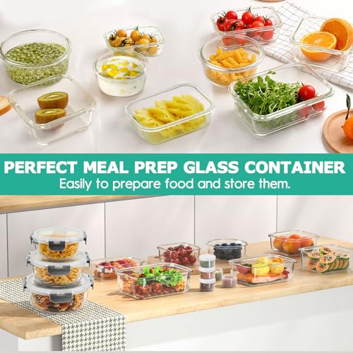 34pcs Glass Food Storage Containers with Lids Set, Airtight Glass Meal Prep Containers (17 Containers & 17 Lids),Leak Proof Lunch Containers BPA-Free