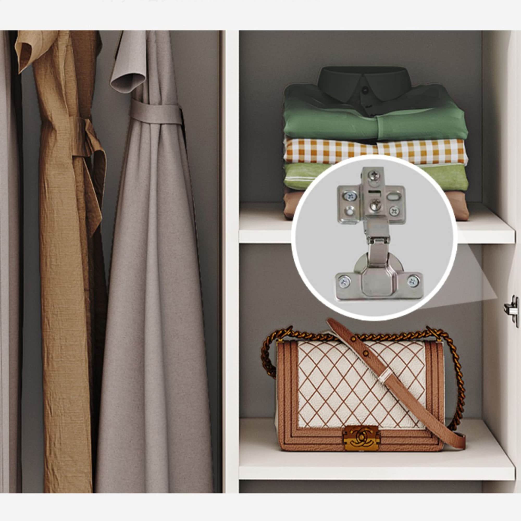 【Furniture】4 Doors Wardrobe Closet, Large Freestanding Wardrobe Cabinet with Storage Compartment & Hanging Rod