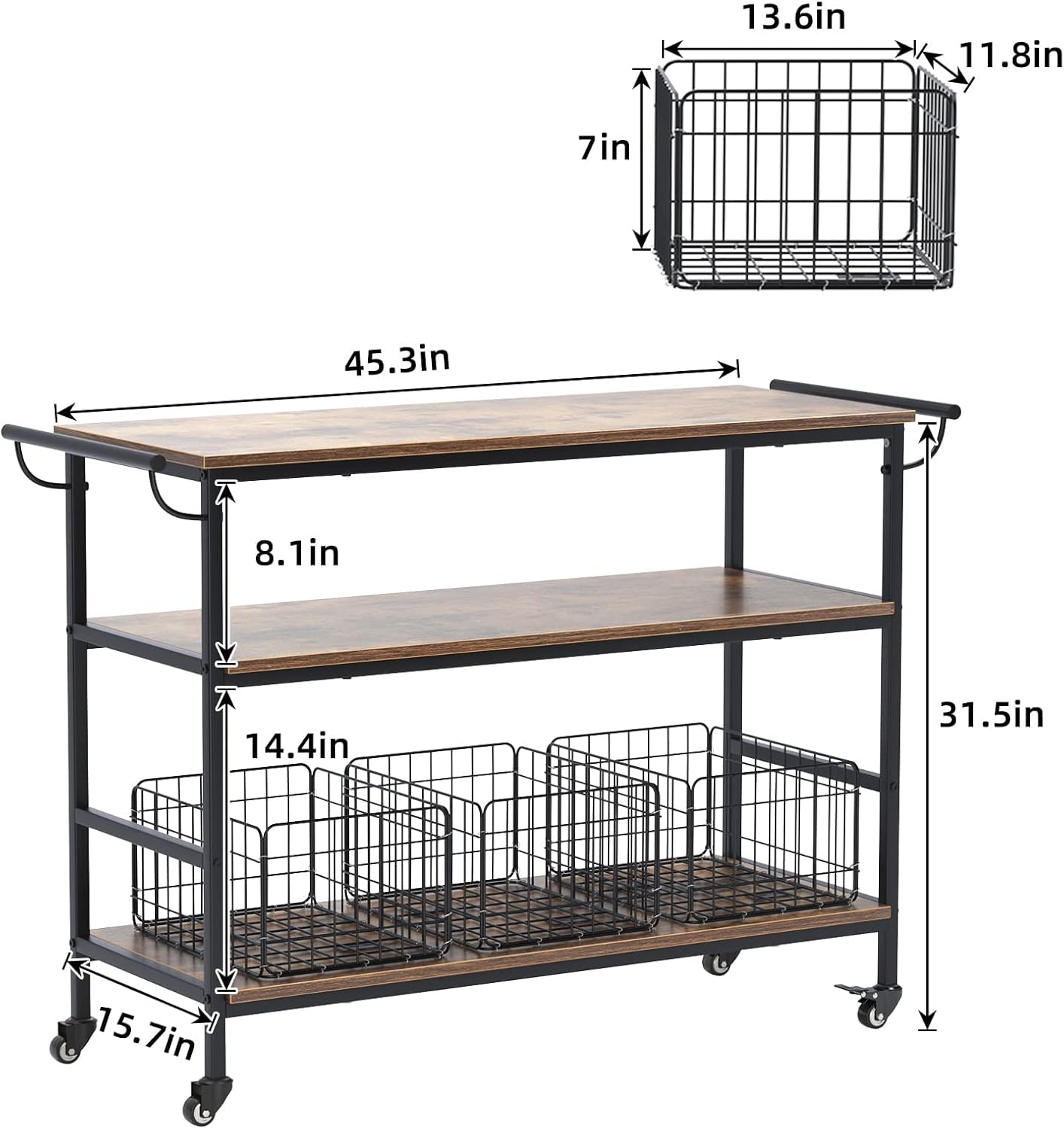 3-tier Kitchen Serving Carts, rolling storage trolley with 3 basket drawers, 45.3" practical microwave oven stand, lockable caster open storage rack