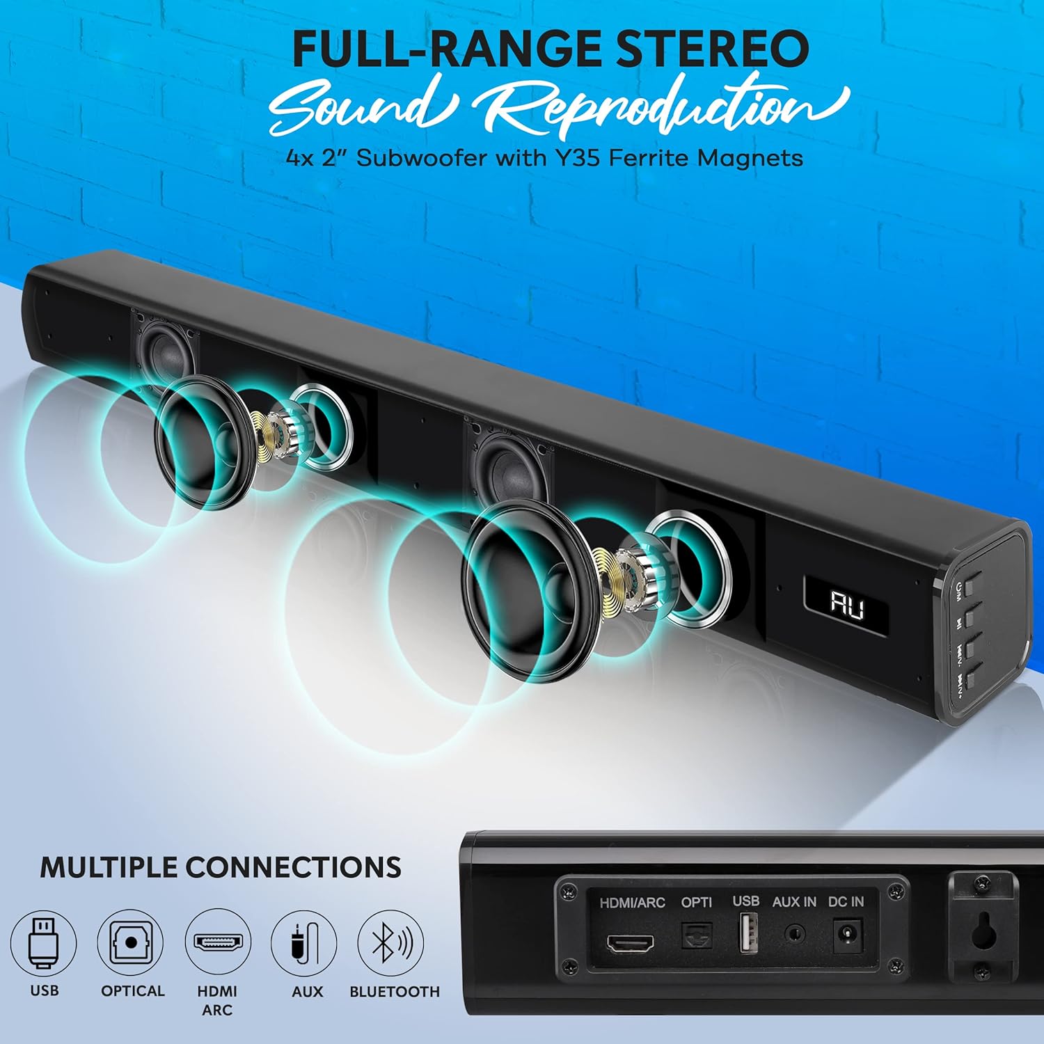 Pyle TV Speaker - Quality Audio Soundbar for TV with Bluetooth, Support 4K & HDMI TV's, Wall Mountable, 32 w/Remote Control, Coaxial & RCA Cables
