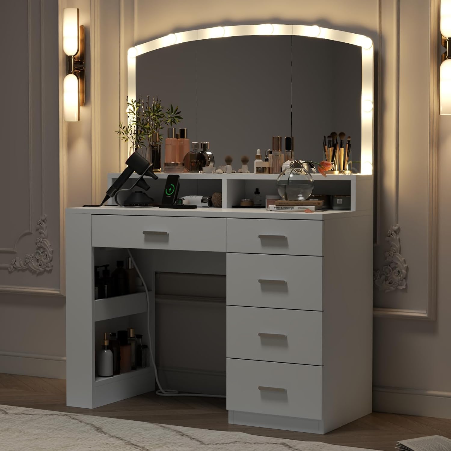 Vanity Desk with Large Mirror,Vanity Dresser with 10 Lights in 3 Lighting Colors,Makeup Vanity with 5 drawers and Power Outlet