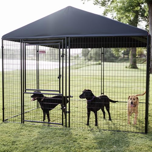 Stay Series 4 by 4 by 4.3 Feet Studio Jr. Black Powder Coat Steel Frame Outdoor Dog Kennel with Waterproof Canopy Roof and Gate Door, Khaki