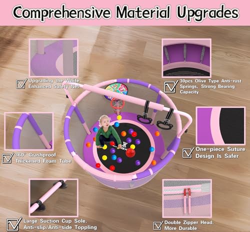 LANGXUN 60" Trampoline for Kids, 5ft Toddler Mini 6-in-1 Trampoline Indoor Outdoor with Swing, Basketball Hoop, Dart Board, Gymnastics Bar, Rings
