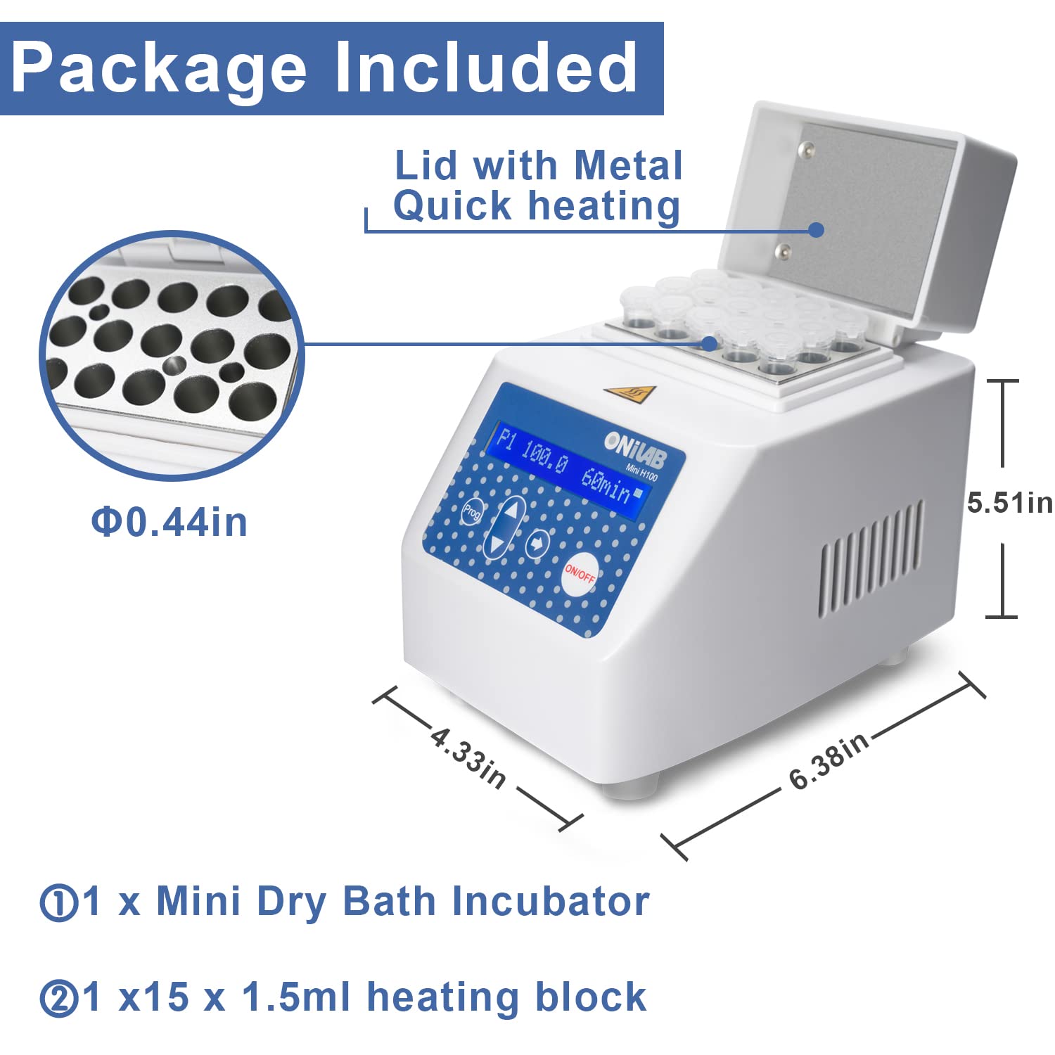 ONiLAB Mini Dry Bath Incubator,15 x1.5ml Aluminium Heating Block, LCD Display, Timer Control,UP to 100°C， ± 0.5°C Accuracy,9 Programs in Memory