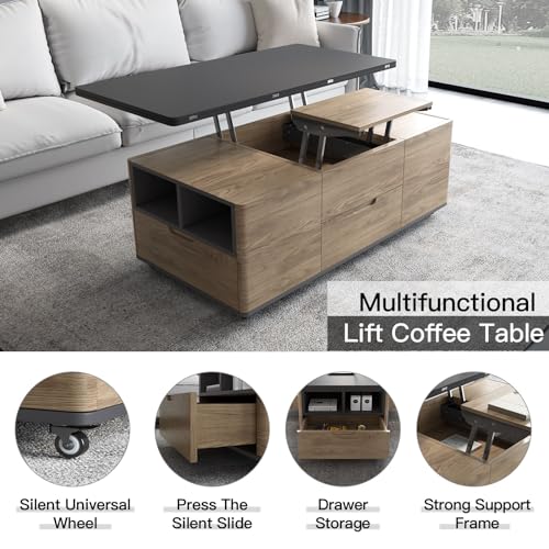 Multifunctional Lift-Top Coffee Table with 4 Stools, 3-in-1 Center Table, Space Saving Folding Dining Table,Lifting Coffee Table for Living Room