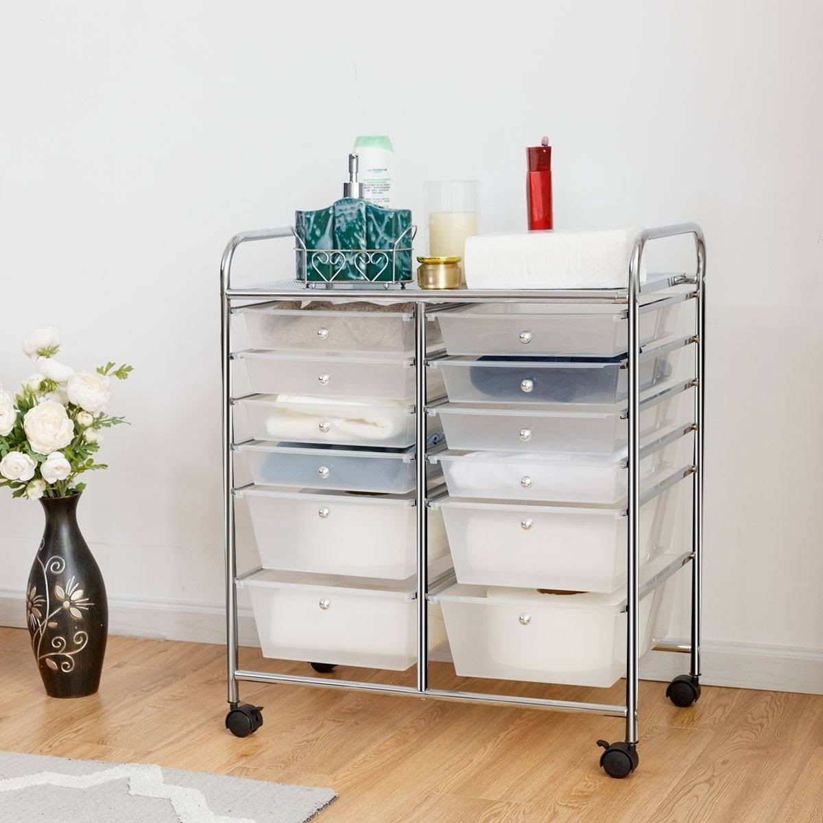 12-Drawers Rolling Storage Cart with Organizer Top - Clear