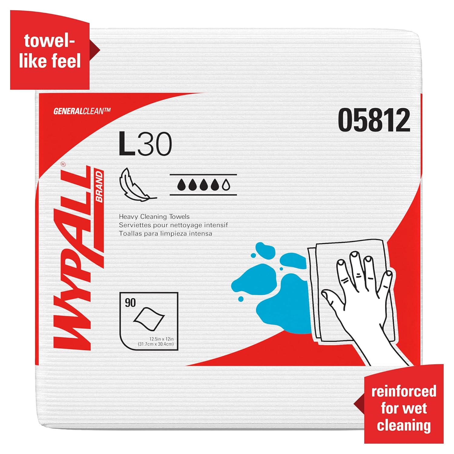WypAll General Clean L30 Heavy Duty Cleaning Towels (05812), Strong and Soft Wipes, White, 12 Packs / Case, 90 Towels / Pack
