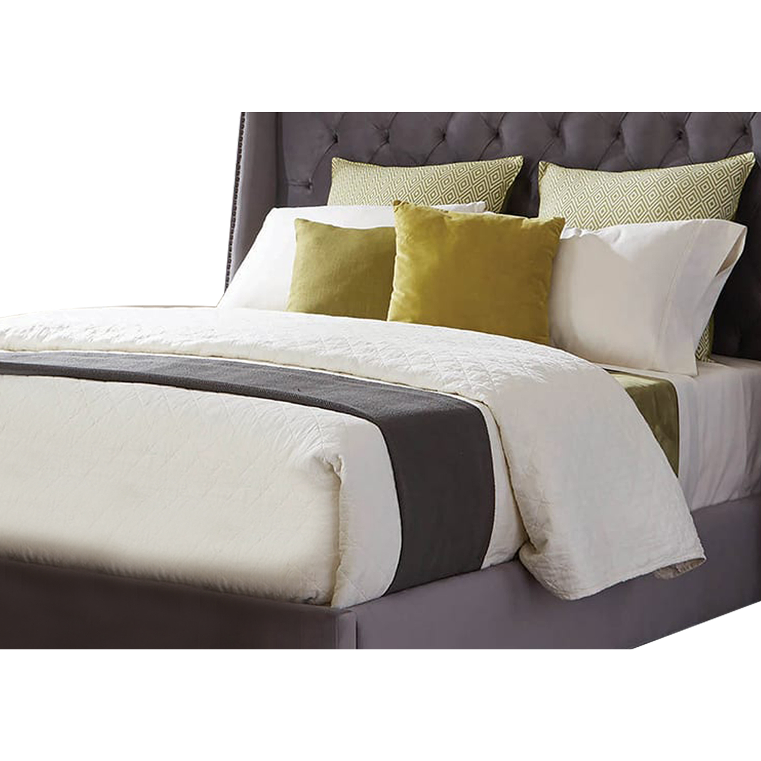 Benjara Fabric Upholstered Wooden California King Size Bed with Winged Headboard, Gray