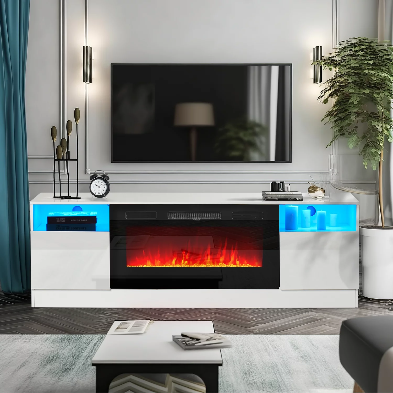 Oneinmil Fireplace TV Stand, Entertainment Center for TVs up to 80", 70” TV Stand with 36'' Electric Fireplace, LED Lights Entertainment Center