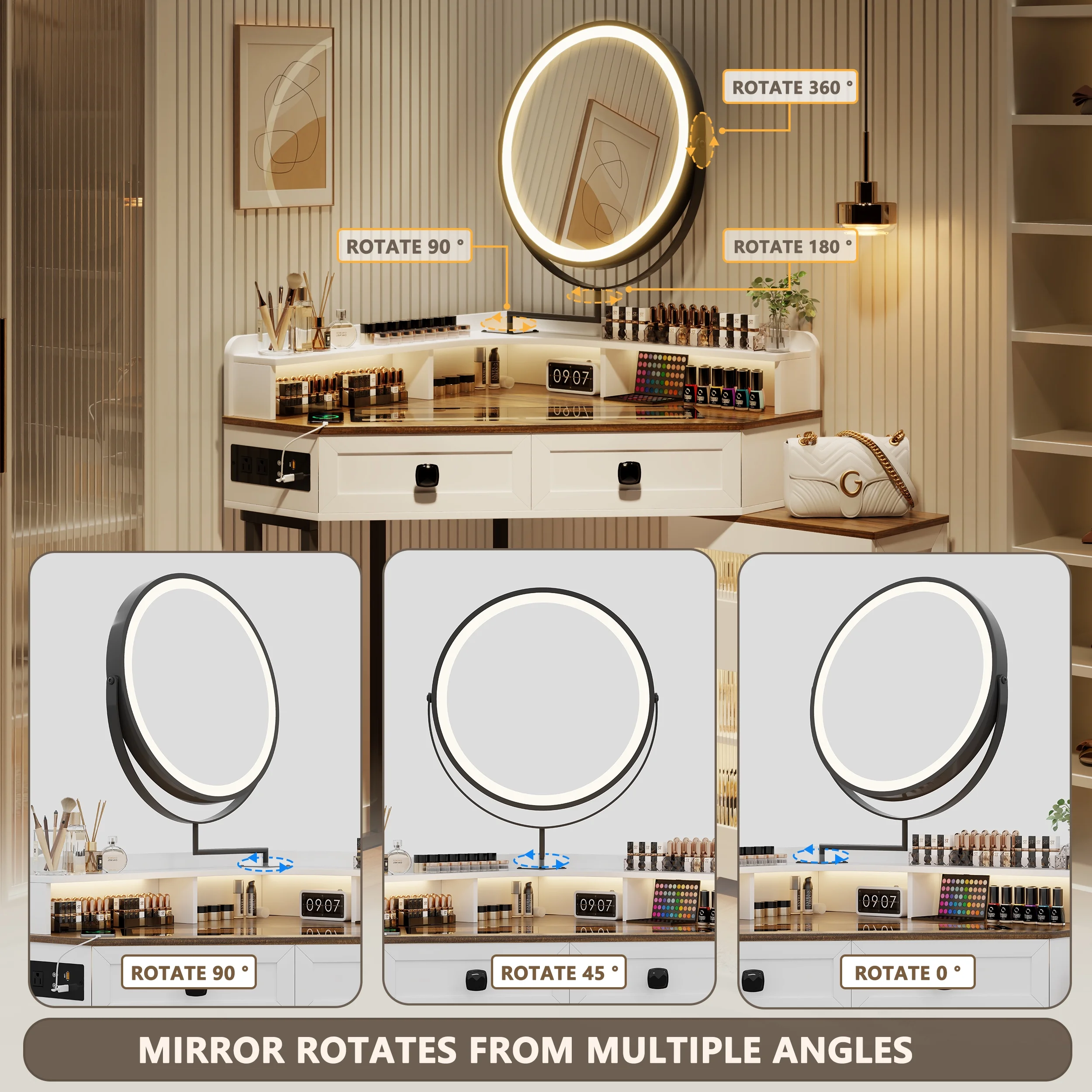 Corner Vanity Desk with Mirror and Lights, Modern Glass Top Makeup Vanity Set with Charging Station for Bedroom/Cloakroom (No Stool)