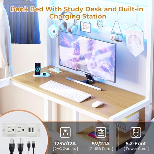 DICTAC Twin Over Twin Size Bunk Bed with Desk and Charging Station Metal Loft Bed with Led Lights & Storage Shelves and Drawers L-Shaped Bunk Bed for