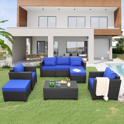 Rattaner Patio Wicker Furniture Set 6 Pieces Outdoor HDPE Wicker Conversation Couch Sectional Chair Sofa Set with Grey Cushions