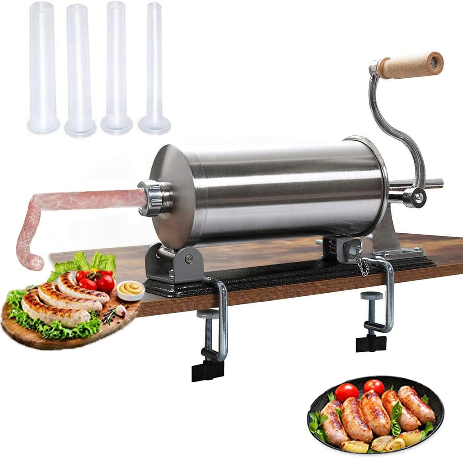 Sausage Stuffer Machine, 6LBS/3L Stainless Steel Horizontal Sausage Stuffer Maker Manual Sausage Filler with 4 Filling Tubes