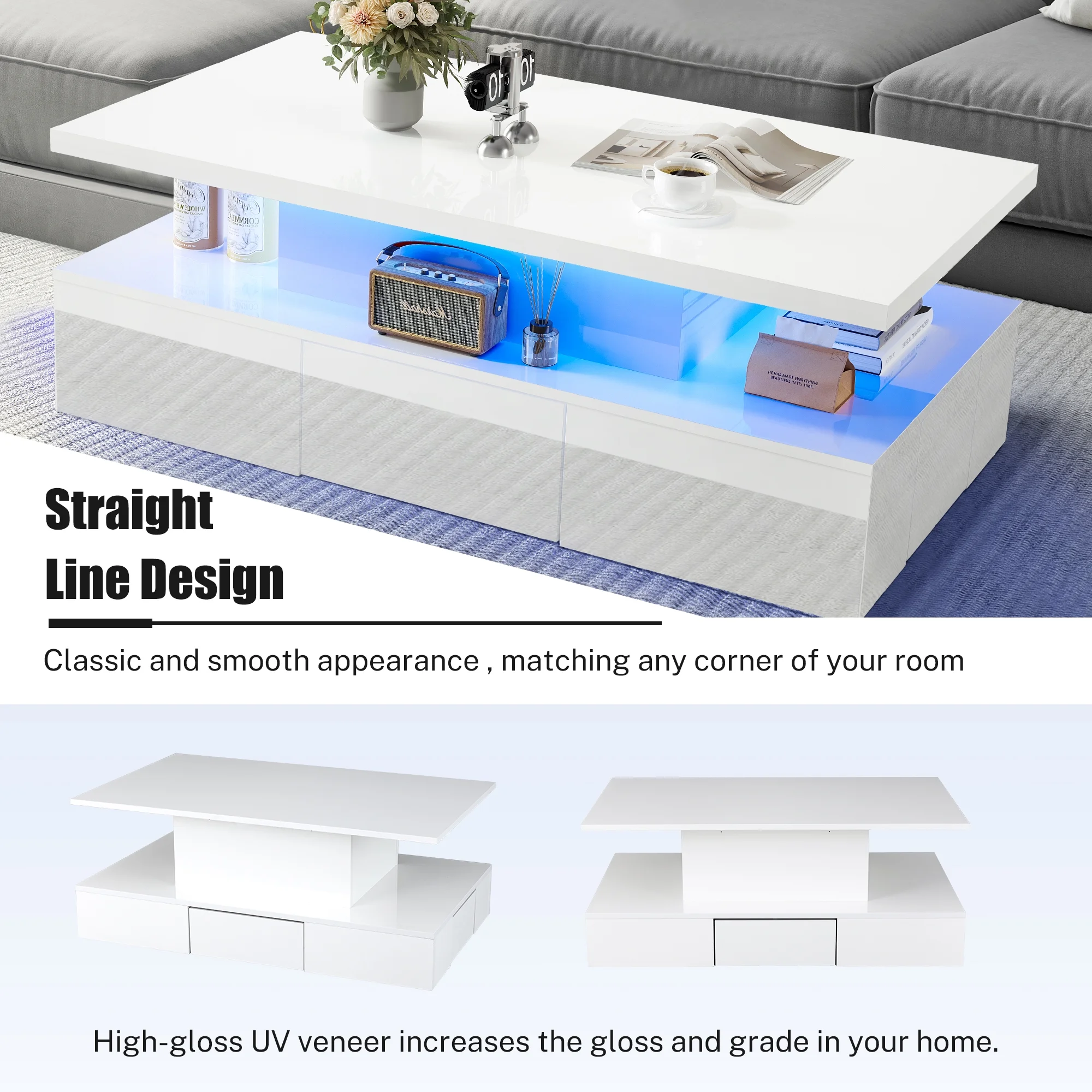 HSUNNS White LED Coffee Table for Living Room, Modern High Glossy Center Table with 4 Drawers, Smart Cocktail Table Rectangle
