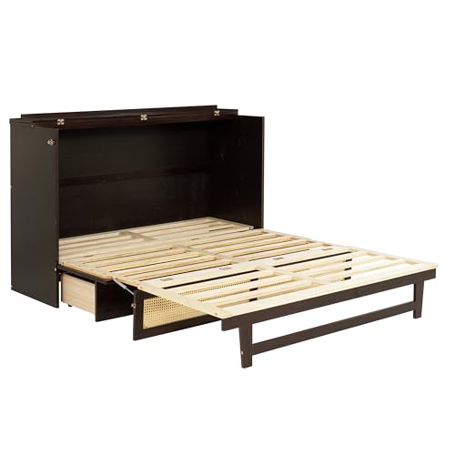 Queen Murphy Bed with Desk and Removable Shelves on Each Side, Murphy Bed Chest Murphy Bed Frame w/USB Port for Home Office, Studio or Guest Room