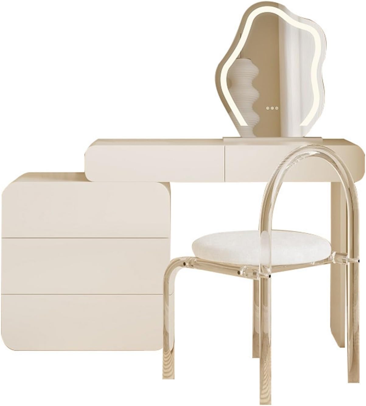 Vanity Desk Modern White Vanity Set with 5 Drawers, Makeup Mirror and Acrylic Transparent Chair