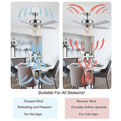 Moooni 52 Inch Modern Reversible Chandelier Fan with Lights and Remote, Elegant Crystal Fandelier Ceiling Light KIt for Bedroom Dining Room Silver