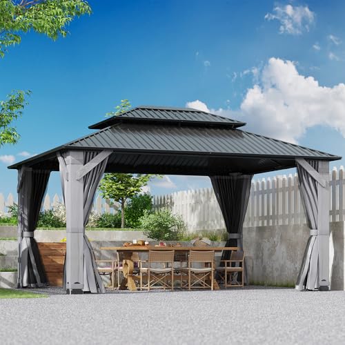 12'x12' Hardtop Gazebo, Outdoor Double Roof Galvanized Steel Gazebos, Aluminum Frame Permanent Pavilion with Curtains & Netting for Backyard, Patio