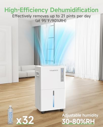 1500 Sq.ft Dehumidifier for Basement, Trazico 21 Pint Dehumidifiers for Home Large Room with Drain Hose, Smart Humidity Control, 3 Modes, 24H Timer