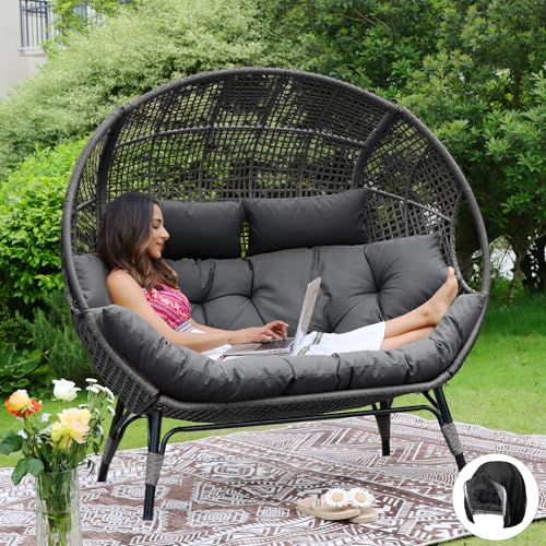 NICESOUL® Double Egg Chair Indoor Outdoor Stationary Oversized Thicken Padded Cushions, 2 Person Egg Loveseat Chair