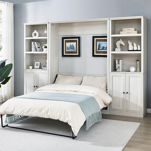 Full Size Murphy Bed with 2 Convertible Side Cabinet Storage Shelf &Charging Station, Foldable Platform Wall Bed Space Saving Bed Frame