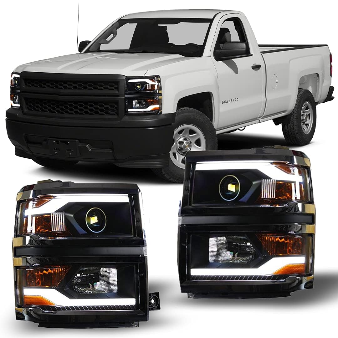 Winjet Compatible with [2014-2015 Chevrolet Silverado 1500] LED DRL Bar Projector Headlights, Black (WJ10-0382C-04)