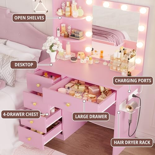 IRONCK Vanity Desk with Mirror and Lights, Small Makeup Vanity Table with 5 Drawers, Power Outlet, and Vanity Stool, 3 Lighting Colors