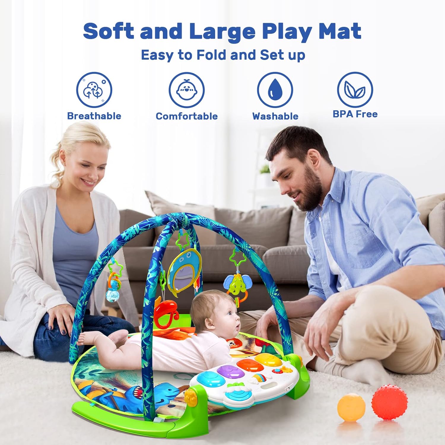 HOLYFUN Baby Gym Play Mat, Kick and Play Piano Gym with 5 Sensory Teether Toys, Multifunctional Tummy Time Round Playmats