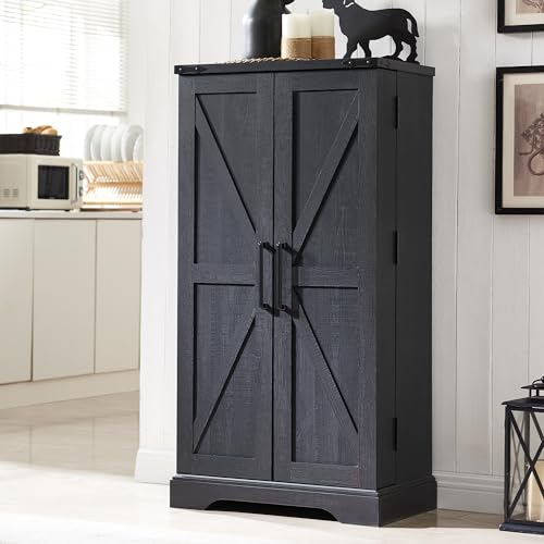 72" Tall Kitchen Pantry, Farmhouse Storage Cabinet with Barn Doors, Organizer, Drawer and Adjustable Shelves, Rustic Wood Cupboard for Kitchen