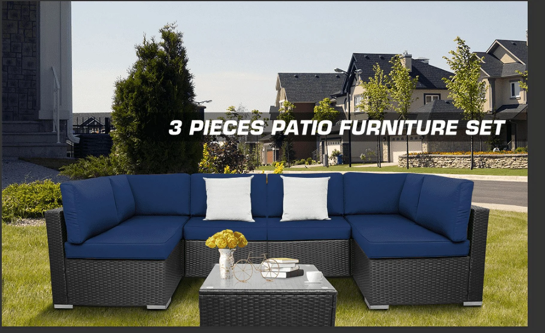 Outdoor Garden Terrace Blue Sofa Set of 7, PE Rattan and Small Yard Recreational Conversation Set with Cushions from EXCITED WORK