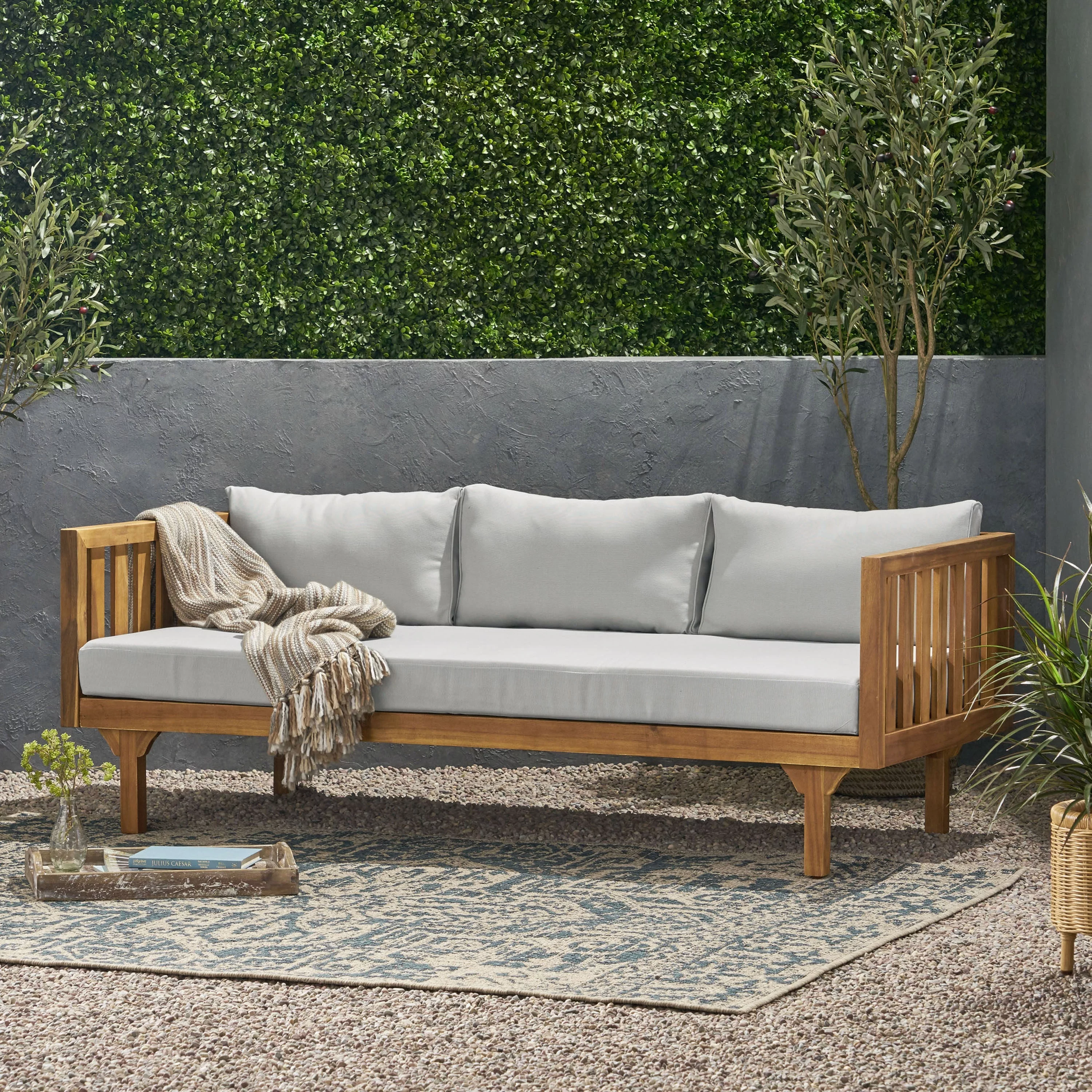Christopher Knight Home Claremont Outdoor 3-seat Acacia Wood Daybed by Teak Finish + Green Cushion
