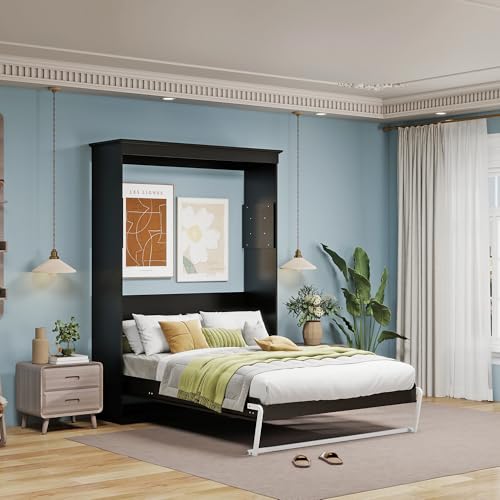 Black Wood Full Size Murphy Bed, Murphy Bed Full Space-Saving Wall Beds