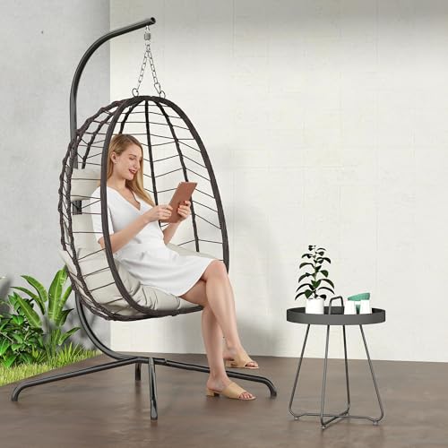 Hanging Egg Chair with Stand, Swinging Egg Chair Outdoor Indoor, Hanging Basket Chair with Cushion