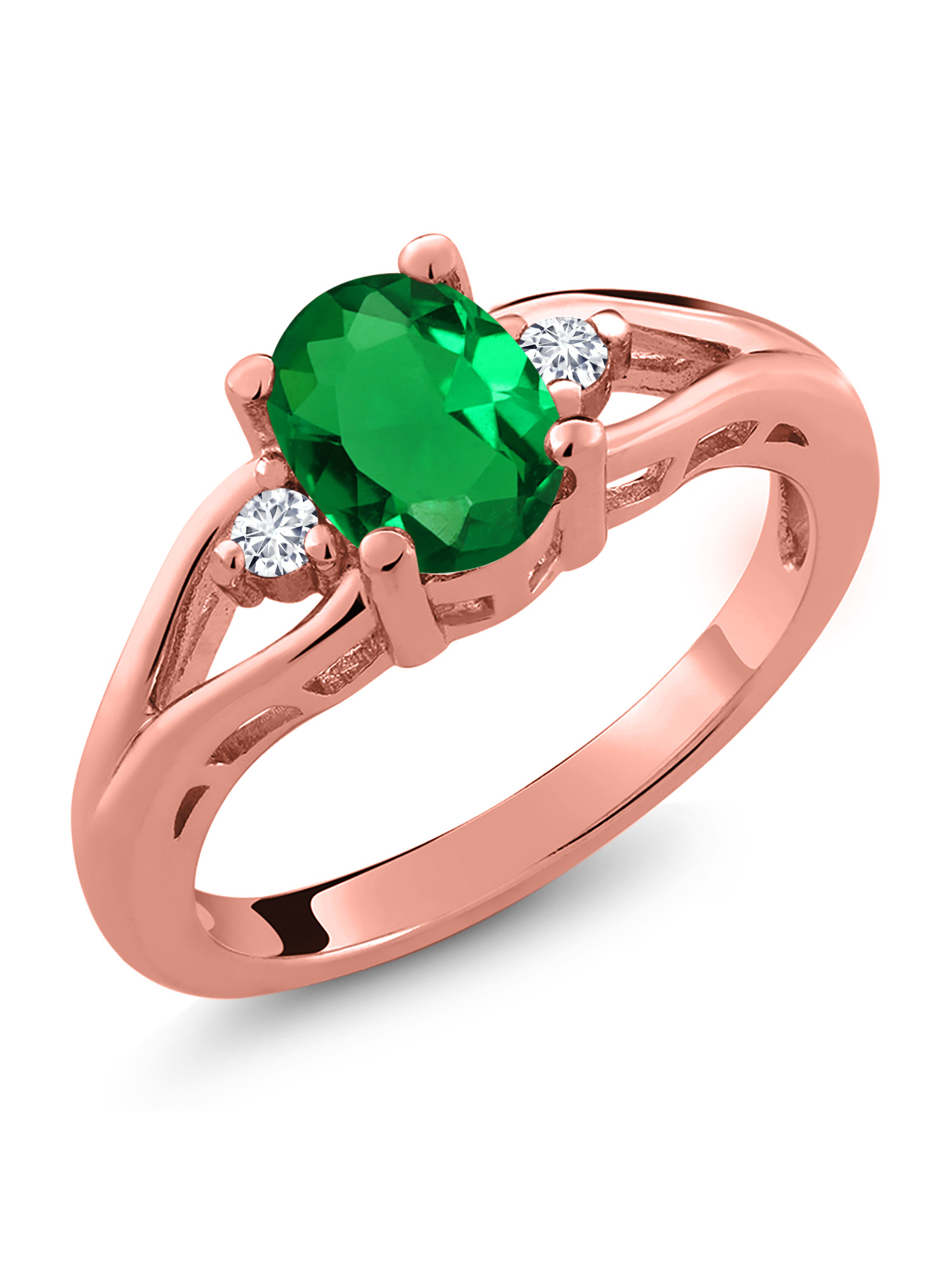 Gem Stone King 18K Rose Gold Plated Silver Green Nano Emerald and White Lab Grown Diamond 3 Stone Engagement Ring For Women | 0.83 Cttw | Oval 8X6MM