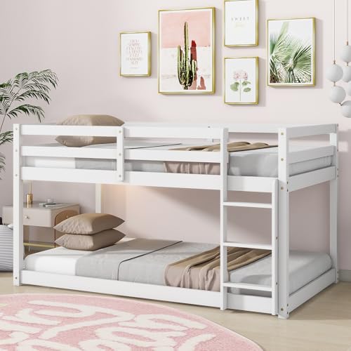 Bunk Bed Twin Over Twin, Wood Low Profile Floor Twin Bunk Beds with Ladder Guardrails for Kids Boys and Girls, No Box Spring Needed