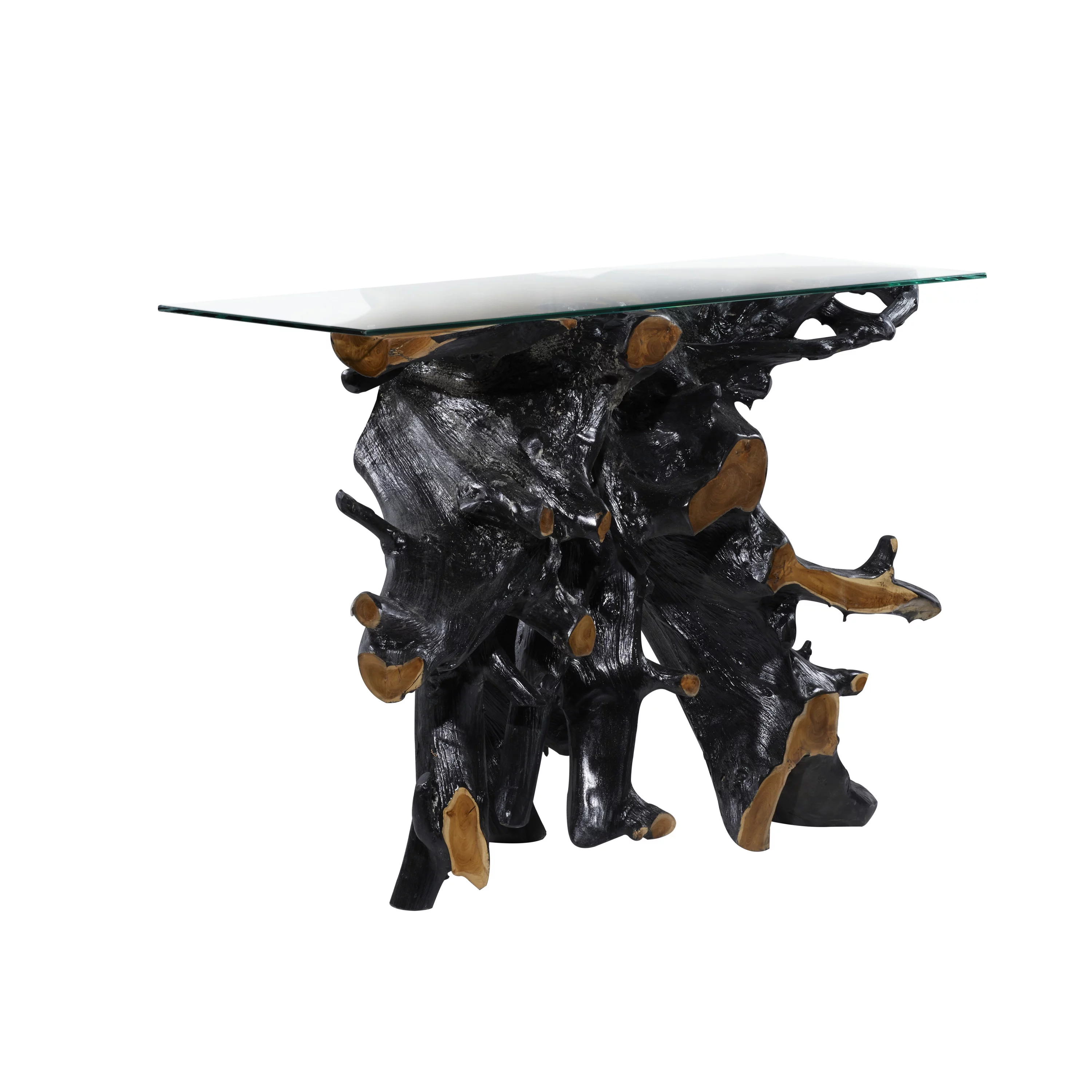 DecMode 49" x 32" Black Teak Wood Live Edge Tree Stump Console Table with Clear Glass Top, 1-Piece