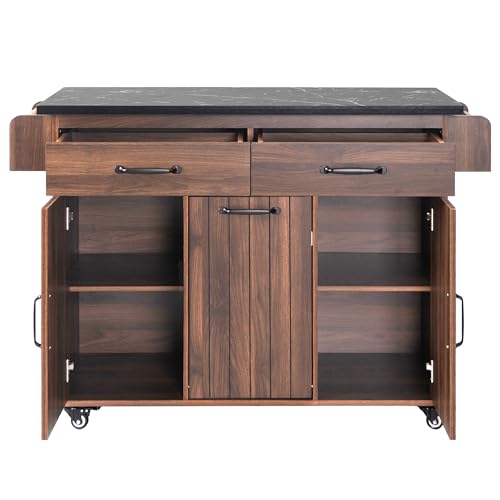 Ball & Cast Farmhouse Kitchen Island with Drop Leaf & Barn Door,Rolling Kitchen Cart on Wheels with Power Outlet,3 Large Drawers