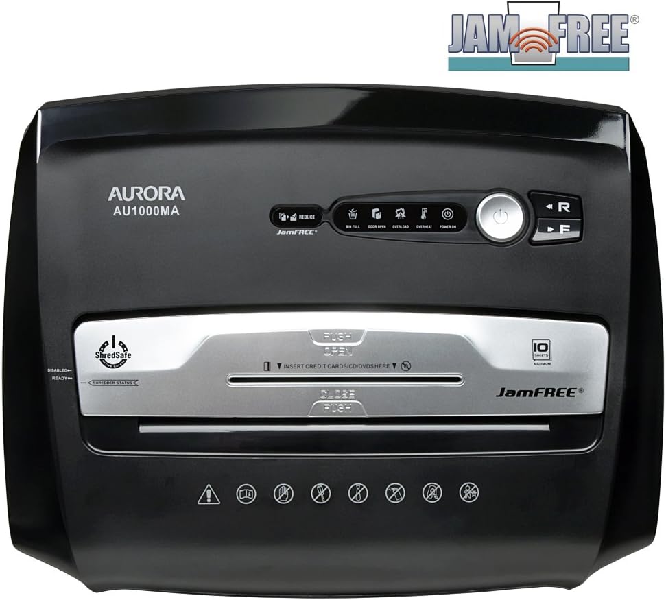 Aurora High Security JamFree AU1000MA 10-Sheet Micro-Cut Paper / CD / Credit Card Shredder with Pull-Out Wastebasket