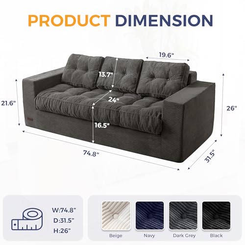 MAXYOYO 3 Seater Couch for Living Room, Boneless Couch with Tufted Cushion & Backrest, Upholstered Floor Sofa with Armrests, Sofa in A Box