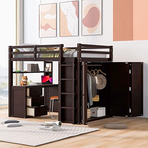 Harper & Bright Designs Full Size Loft Bed with Desk and Wardrobe, Solid Wood Loft Bed Frame with Storage Drawers, for Kids Teens Adults (White)