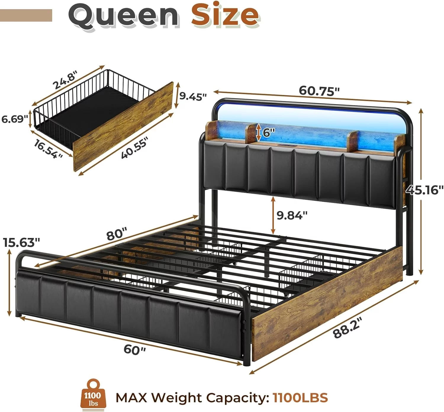 Queen LED Bed Frame with 4 Storage Drawers & Charging Station, Upholstered Headboard with Shelf & Hidden Storage Space, Heavy Steel Slat Support