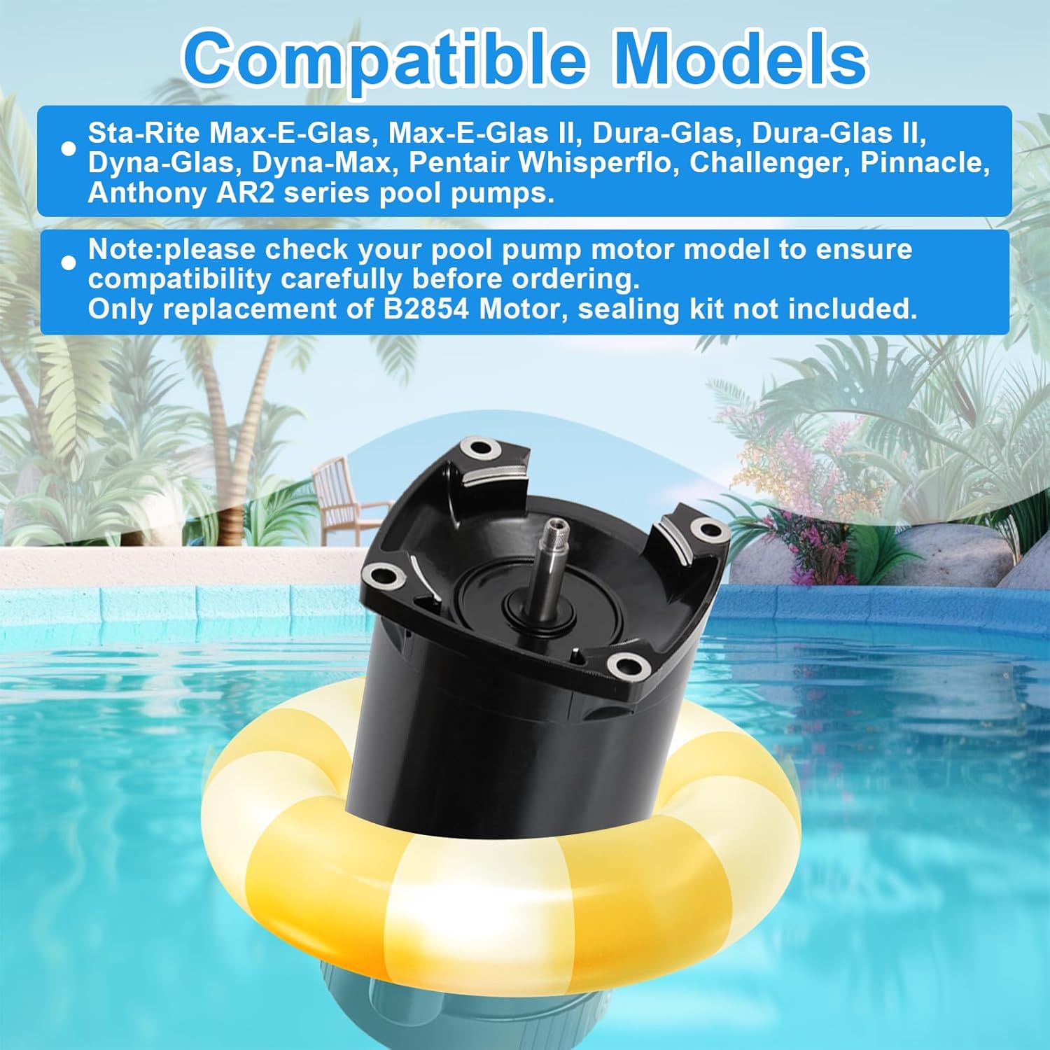 B2854 Pool Pump Motor 1.5 HP, 3450 RPM, 1.1 Service Factor, 8.0/16.0 Amps, 56Y Frame, Compatible with Century ?B2854 ?B854, Only Replacement Motor