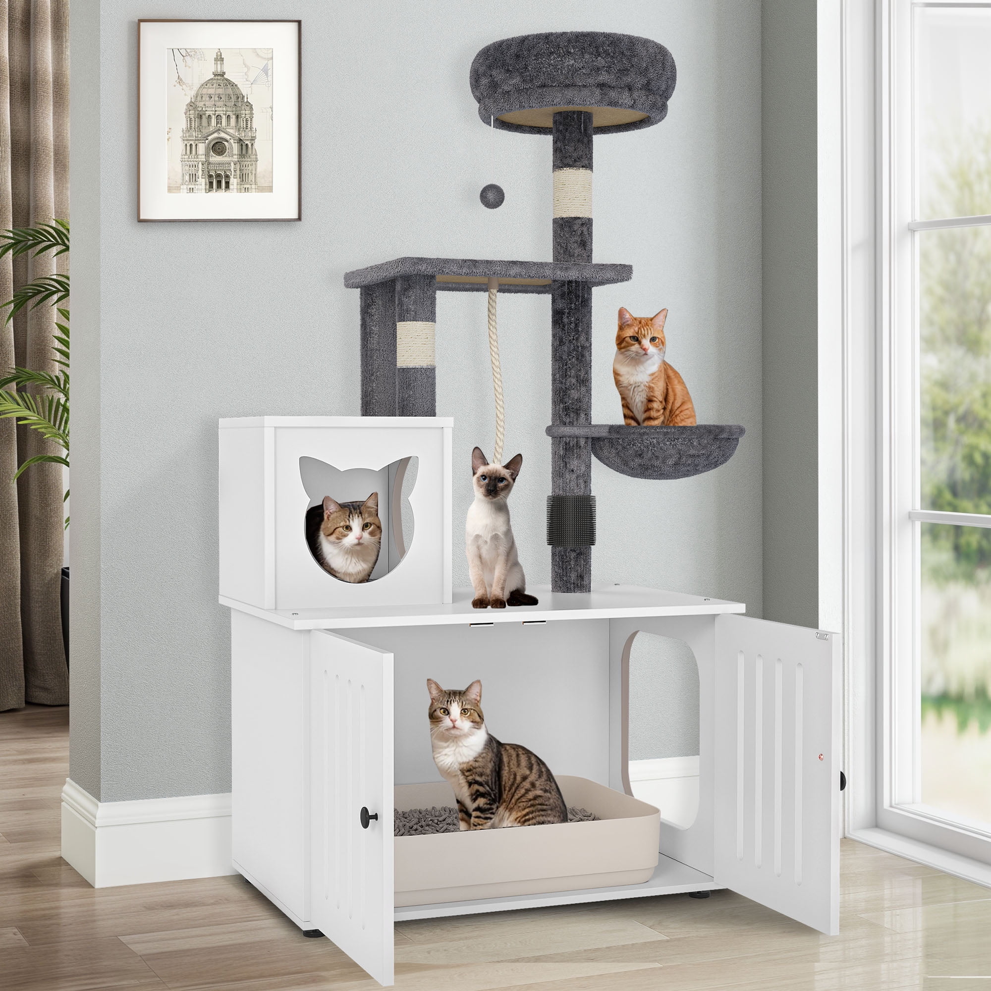 Dextrus 2-in-1 Cat Tree with Litter Box Enclosure,53.5" Large Modern Cat Condo with Scratching Posts, Perch, Food Station, Hammocks