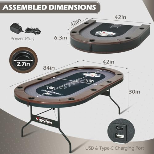 LED Poker Table, 10 Player Foldable Texas Holdem Table w/Inlaid LED Light, 2 USB & 2 Type-c Ports