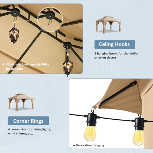 Aoxun 10'x12' Outdoor Patio Gazebo, Heavy Duty Party Tent with Wind-Resistant Ropes