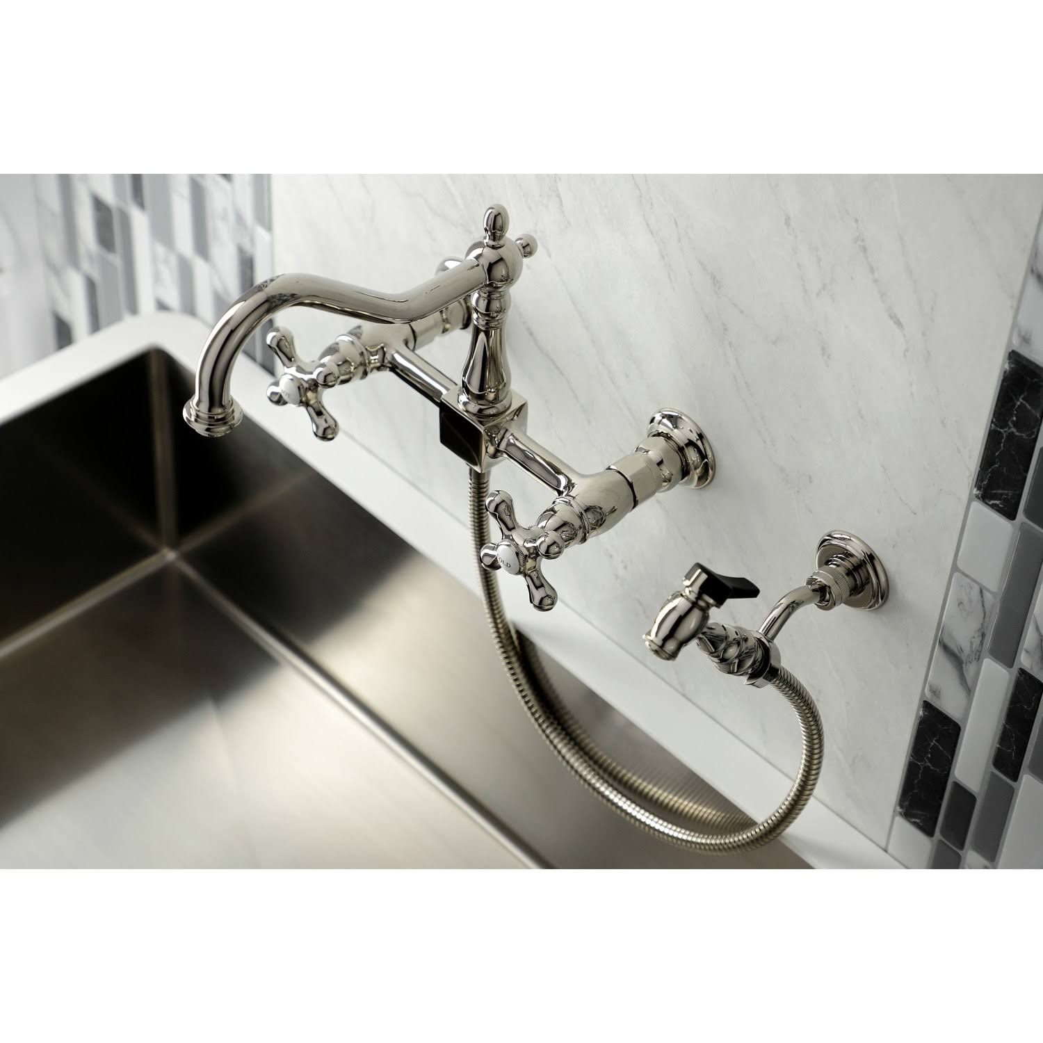 Heritage Two-Handle Wall Mount Bridge Kitchen Faucet with Brass Sprayer - Antique Copper